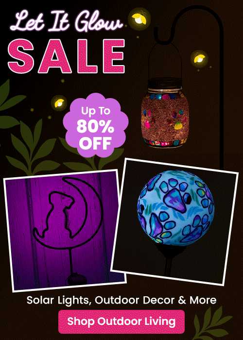 Let It Glow Sale promotion from The Animal Rescue Site and GreaterGood. Proceeds help support shelter pets and more. Mosaic paw print lantern, blue patterned garden globe, outdoor solar décor.