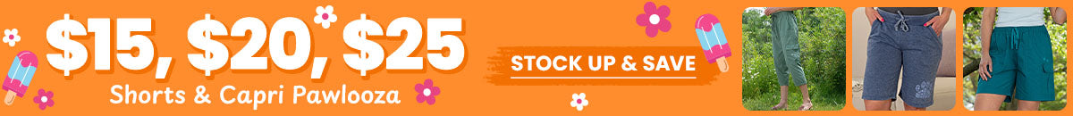 Shorts & Capri Pawlooza promotion from The Animal Rescue Site and GreaterGood. Proceeds help support shelter pets and more. Teal cargo shorts, casual tank top outfit, lightweight summer apparel styles.