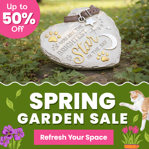 Spring Garden Sale promotion from The Animal Rescue Site and GreaterGood. Proceeds help support shelter pets and more. Memorial paw print garden stone, engraved star design, outdoor décor accents.