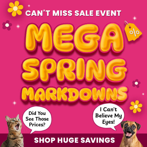 Mega Spring Markdowns sale event from The Animal Rescue Site and GreaterGood. Proceeds help support shelter pets and more. Discounted pet-themed apparel, floral accessories, colorful spring lifestyle essentials.