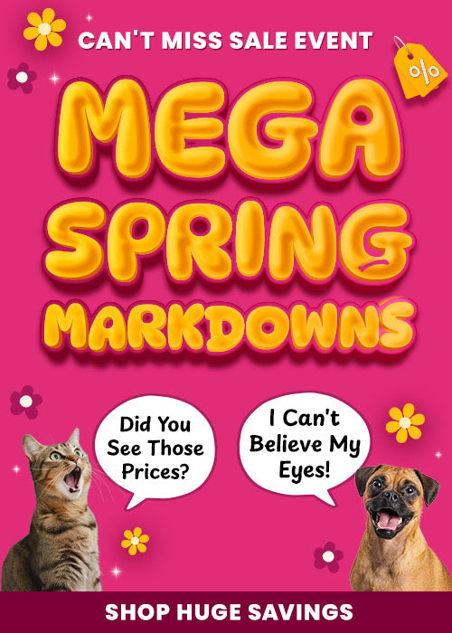 Mega Spring Markdowns sale event from The Animal Rescue Site and GreaterGood. Proceeds help support shelter pets and more. Discounted pet-themed apparel, floral accessories, colorful spring lifestyle essentials.