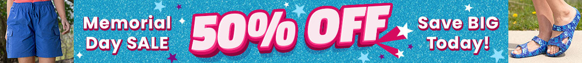 Memorial Day Sale 50% Off Select Summer Faves promotion from The Animal Rescue Site and GreaterGood. Proceeds help support shelter pets and more. Blue slip-on clogs, blue cargo shorts, lightweight summer apparel.