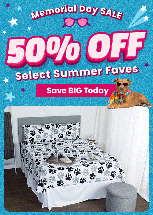 Memorial Day Sale 50% Off Select Summer Faves promotion from The Animal Rescue Site and GreaterGood. Proceeds help support shelter pets and more. Blue slip-on clogs, blue cargo shorts, lightweight summer apparel.
