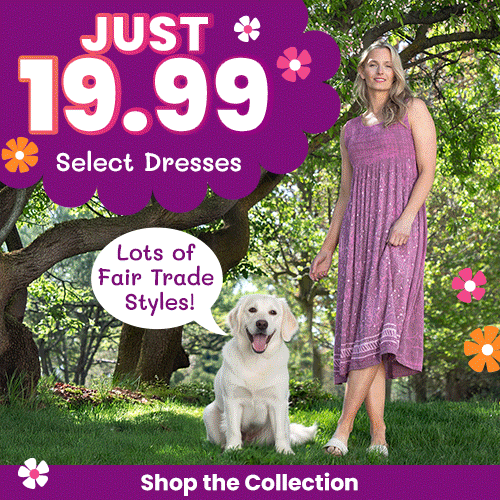 $19.99 Select Dresses promotion from The Animal Rescue Site and GreaterGood. Proceeds help support shelter pets and more. Pink fair trade maxi dress, flowy sleeveless style, lightweight spring fashion apparel.