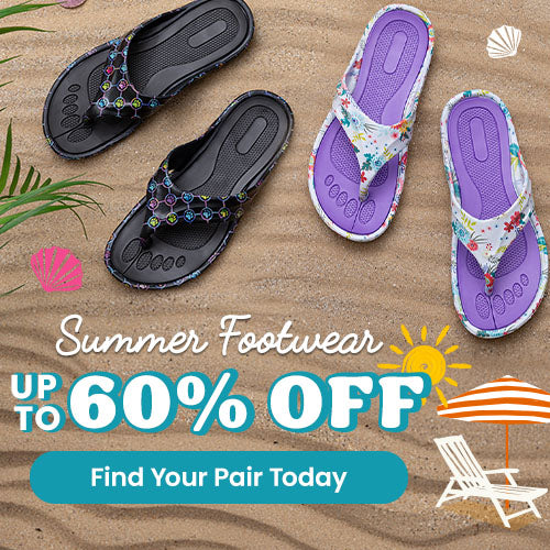 Summer Footwear Up to 60% Off promotion from The Animal Rescue Site and GreaterGood. Proceeds help support shelter pets and more. Black jeweled flip-flops, white floral sandals, lightweight beach-ready summer footwear.
