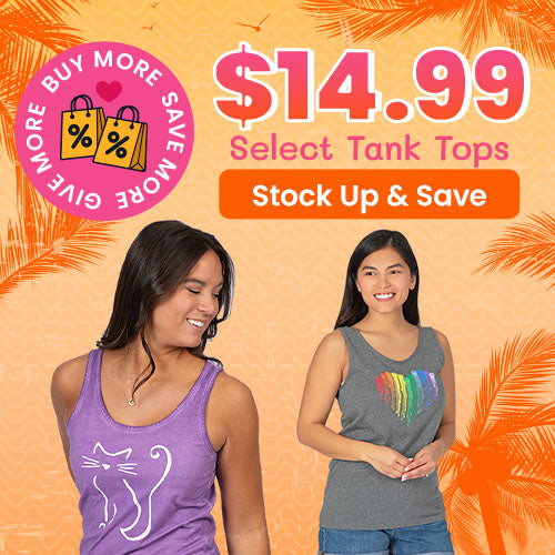 $14.99 Select Tank Tops promotion from The Animal Rescue Site and GreaterGood. Proceeds help support shelter pets and more. Purple cat graphic tank, gray rainbow paw tank, lightweight summer apparel.