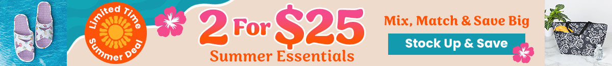 2 for $25 Summer Essentials promotion from The Animal Rescue Site and GreaterGood. Proceeds help support shelter pets and more. White butterfly-print slide sandals, colorful lightweight cover-up, pink summer shorts.