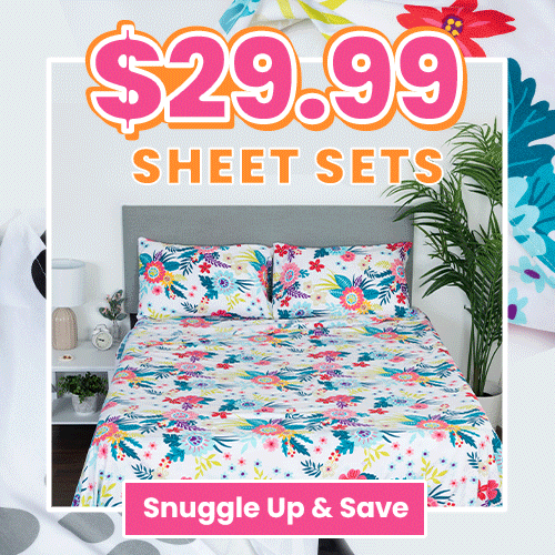 $29.99 Sheet Sets promotion from The Animal Rescue Site and GreaterGood. Proceeds help support shelter pets and more. White floral sheet set, colorful botanical bedding, matching pillowcases with bright flower patterns.