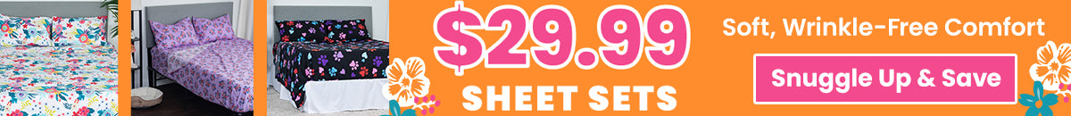 $29.99 Sheet Sets promotion from The Animal Rescue Site and GreaterGood. Proceeds help support shelter pets and more. White floral sheet set, colorful botanical bedding, matching pillowcases with bright flower patterns.