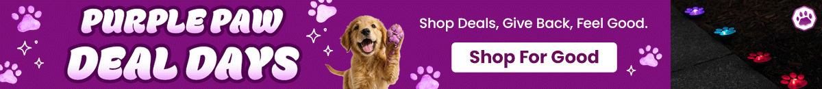 Purple Paw Deal Days promotion from The Animal Rescue Site and GreaterGood. Proceeds help support shelter pets and more. Golden retriever graphic, purple paw-themed design, pet-loving savings event with discounts up to 70% off.
