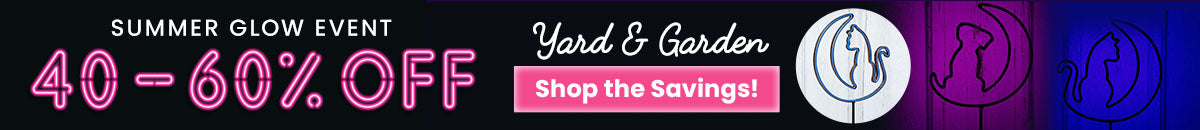 Summer Glow Event featuring 40–60% off yard and garden items by The Animal Rescue Site and GreaterGood. Proceeds help support shelter pets and more with glowing, cat-and-moon shaped yard stakes.