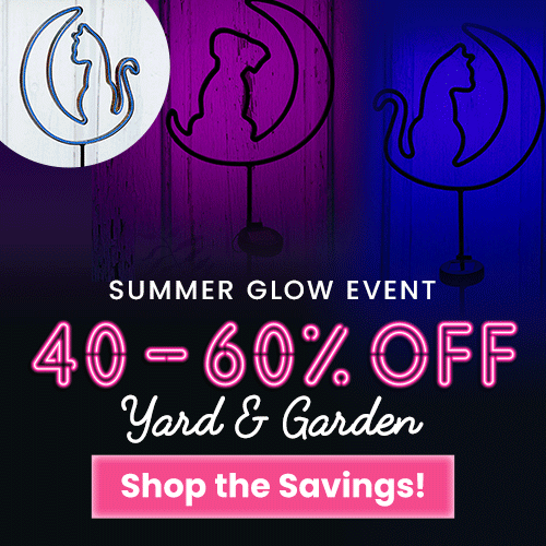 Summer Glow Event featuring 40–60% off yard and garden items by The Animal Rescue Site and GreaterGood. Proceeds help support shelter pets and more with glowing, cat-and-moon shaped yard stakes.