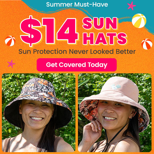 $14 Sun Hats promotion by The Animal Rescue Site and GreaterGood. Proceeds help support shelter pets. Featured are stylish, reversible bucket hats in a floral print and solid blush.