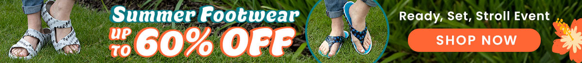Ready, Set, Stroll Event by The Animal Rescue Site and GreaterGood. Proceeds help support shelter pets. Featured are light gray, casual sandals with a black-and-gray paw print pattern.