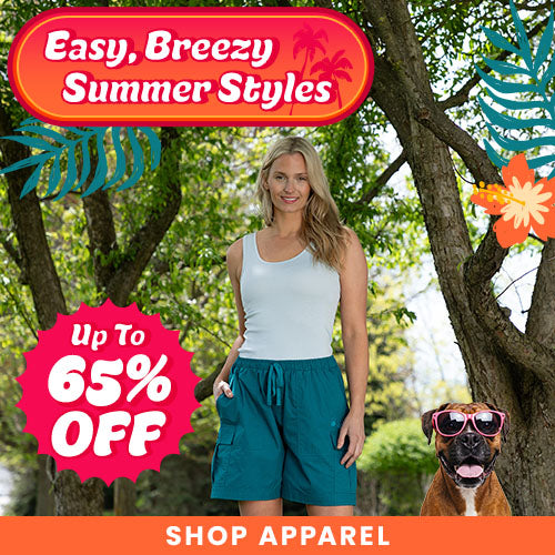 Easy, Breezy Summer Styles promotion by The Animal Rescue Site and GreaterGood. Proceeds help support shelter pets. Featured are a light blue tank top and dark teal cargo shorts.
