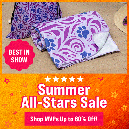 Summer All-Stars Sale: Purple and blue paw-print patterned towel and matching drawstring bag. By The Animal Rescue Site and GreaterGood. Proceeds help support shelter pets and more.