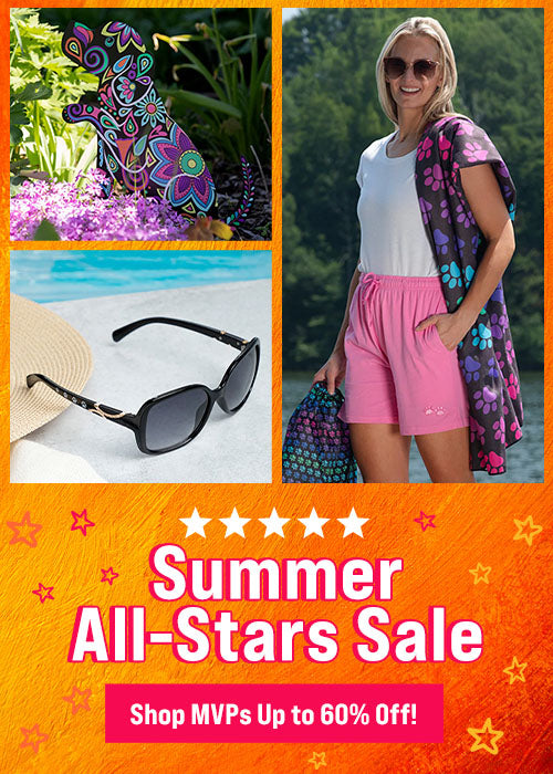 Summer All-Stars Sale: Purple and blue paw-print patterned towel and matching drawstring bag. By The Animal Rescue Site and GreaterGood. Proceeds help support shelter pets and more.