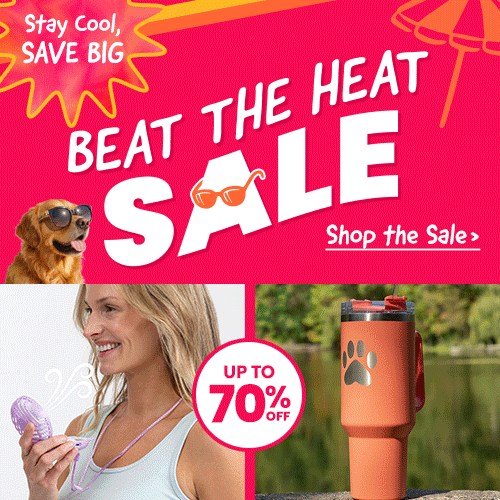 Alt Text:
Beat the Heat Sale: Purple neck fan and orange paw print tumbler. By The Animal Rescue Site and GreaterGood. Proceeds help support shelter pets and more.
