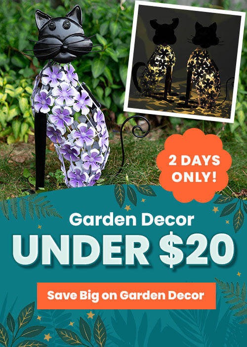 Garden Decor UNDER $20 promo featuring whimsical black metal cat stake with purple filigree, showing day and night views. By The Animal Rescue Site and GreaterGood. Proceeds help support shelter pets and more