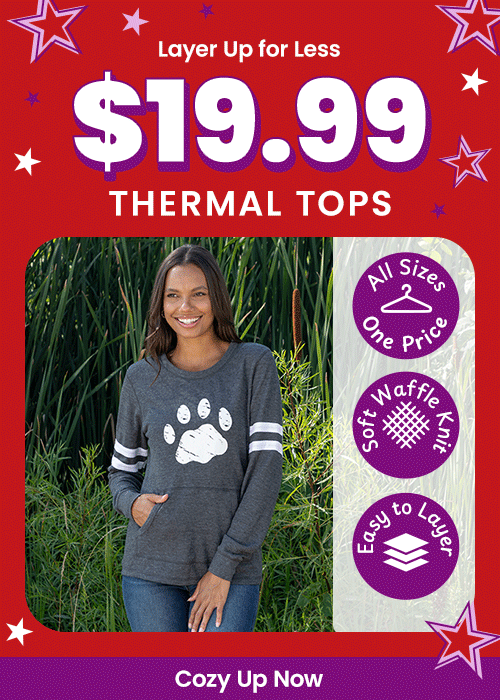 Shop Thermal Tops for just $19.99, featuring a soft waffle knit, pocket, striped sleeves, and a distressed paw print design. Proceeds help support shelter pets and more through The Animal Rescue Site and GreaterGood.