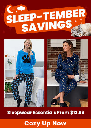 Shop the "Sleep-tember Savings" event for sleepwear essentials starting from $12.99. Cozy up now with comfy pajamas and lounge sets featuring cute animal and paw print designs. Proceeds help support shelter pets and more through The Animal Rescue Site and GreaterGood.