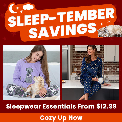 Shop the "Sleep-tember Savings" event for sleepwear essentials starting from $12.99. Cozy up now with comfy pajamas and lounge sets featuring cute animal and paw print designs. Proceeds help support shelter pets and more through The Animal Rescue Site and GreaterGood.