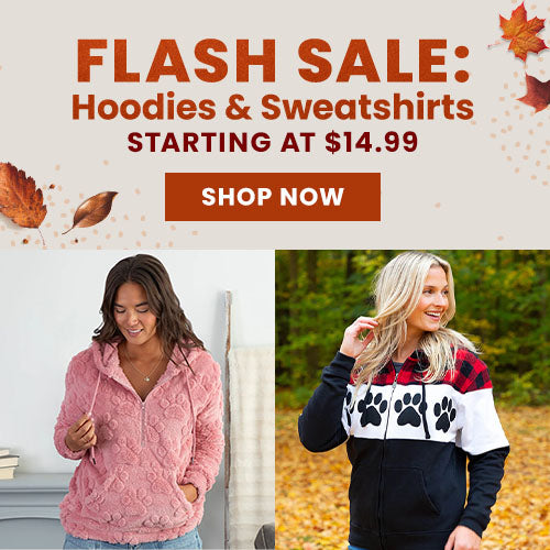 Hoodies and Sweatshirts Flash Sale from The Animal Rescue Site and GreaterGood; proceeds help support shelter pets and more; pink textured zip hoodie, black paw-print hoodie, gray rainbow paw hoodie, purple moon hoodie.