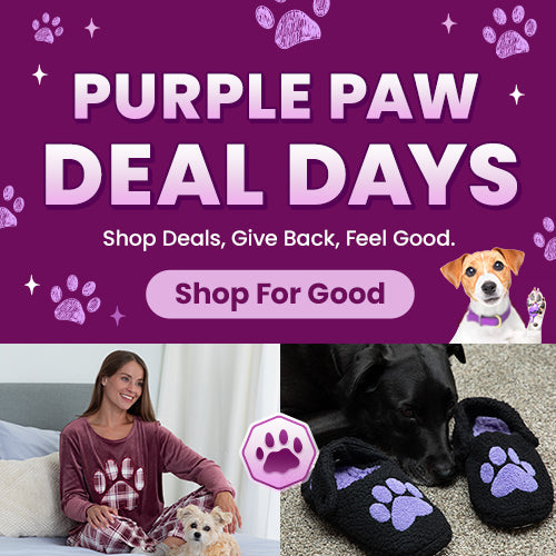 Purple Paw Deal Days from The Animal Rescue Site and GreaterGood; proceeds help support shelter pets and more; featured maroon paw print pajama set and black slippers with purple paw design.
