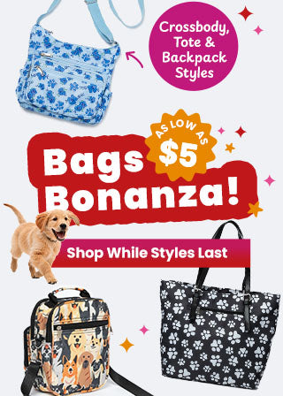 Shop the Bags Bonanza! event with styles as low as $5, featuring a variety of crossbody, tote, and backpack options. Shop while styles last to support shelter pets and more through The Animal Rescue Site and GreaterGood