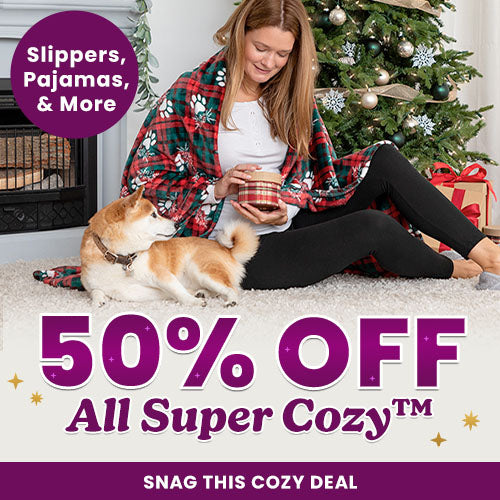50% Off All Super Cozy™ promotion from The Animal Rescue Site and GreaterGood featuring red plaid paw print blanket and loungewear. Proceeds help support shelter pets and more.