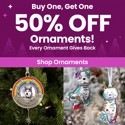 Buy One Get One 50% Off Ornaments from The Animal Rescue Site and GreaterGood featuring colorful cat and dog ornaments and a rustic nativity design. Proceeds help support shelter pets and more.
