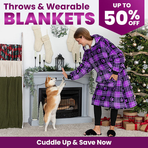 Throws and Wearable Blankets sale from The Animal Rescue Site and GreaterGood. Features purple paw-print fleece and cozy winter styles. Proceeds help support shelter pets and more.