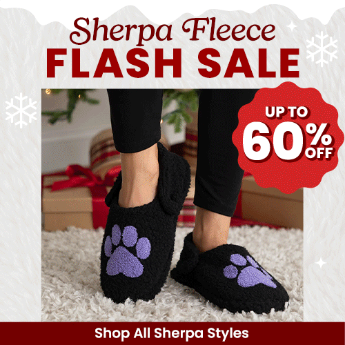 Sherpa Fleece Flash Sale from The Animal Rescue Site and GreaterGood featuring sherpa paw-print items with purple accents; proceeds help support shelter pets and more.