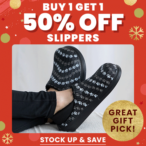 Buy 1 Get 1 50% Off Slippers from The Animal Rescue Site and GreaterGood, featuring black paw-pattern slip-on slippers; proceeds help support shelter pets and more.