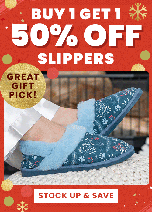 Buy 1 Get 1 50% Off Slippers from The Animal Rescue Site and GreaterGood, featuring black paw-pattern slip-on slippers; proceeds help support shelter pets and more.