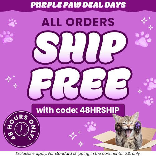 All Orders Ship Free promotion from The Animal Rescue Site and GreaterGood. Proceeds help support shelter pets and more. Free shipping event, purple paw-themed design, playful kitten graphic, pet-loving shopping savings.