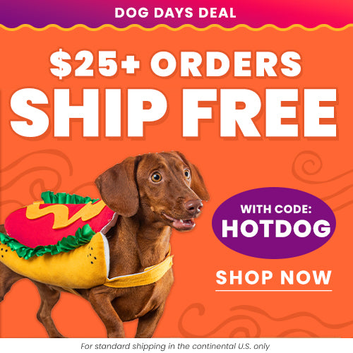 Free Shipping on $25+ Orders (code HOTDOG): Brown dachshund wearing a hotdog costume. By The Animal Rescue Site and GreaterGood. Proceeds help support shelter pets and more.