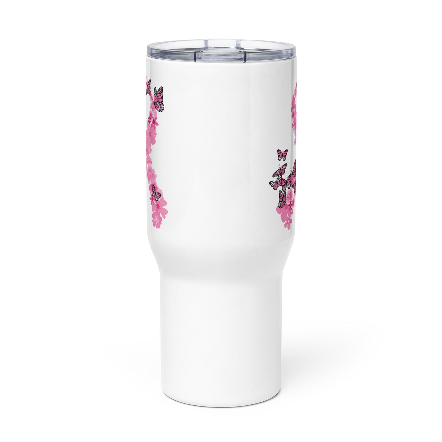 Pink Ribbon Butterflies Take Flight 25oz Handle Tumbler Travel Mug