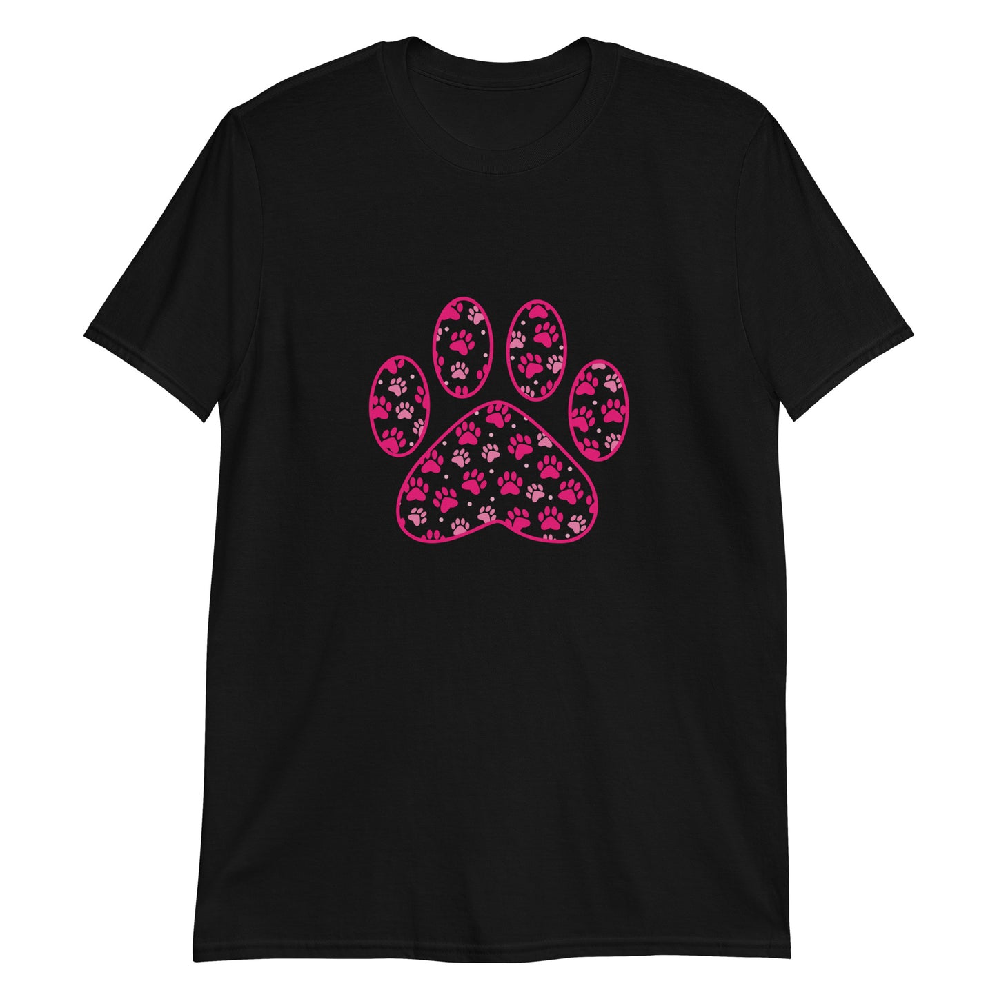 Black short sleeve shirt with a pink paw print filled with mini pink paw prints