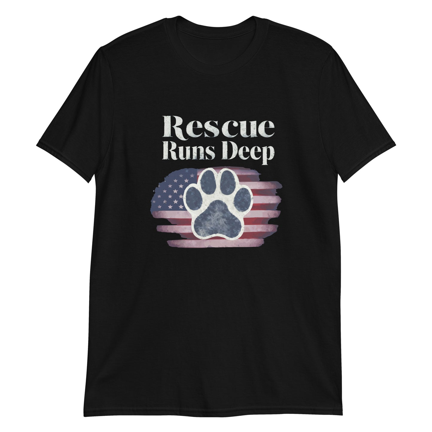 Black t-shirt with 'Rescue Runs Deep' text and paw print design on a white background