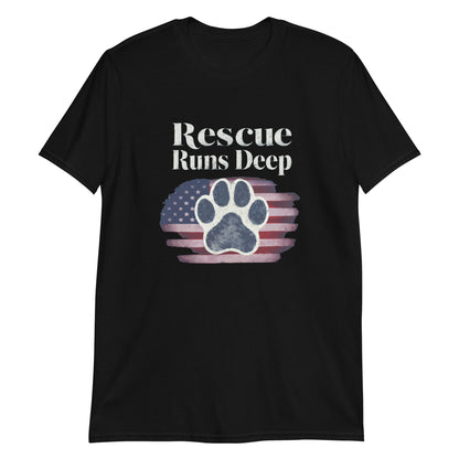Black t-shirt with 'Rescue Runs Deep' text and paw print design on a white background