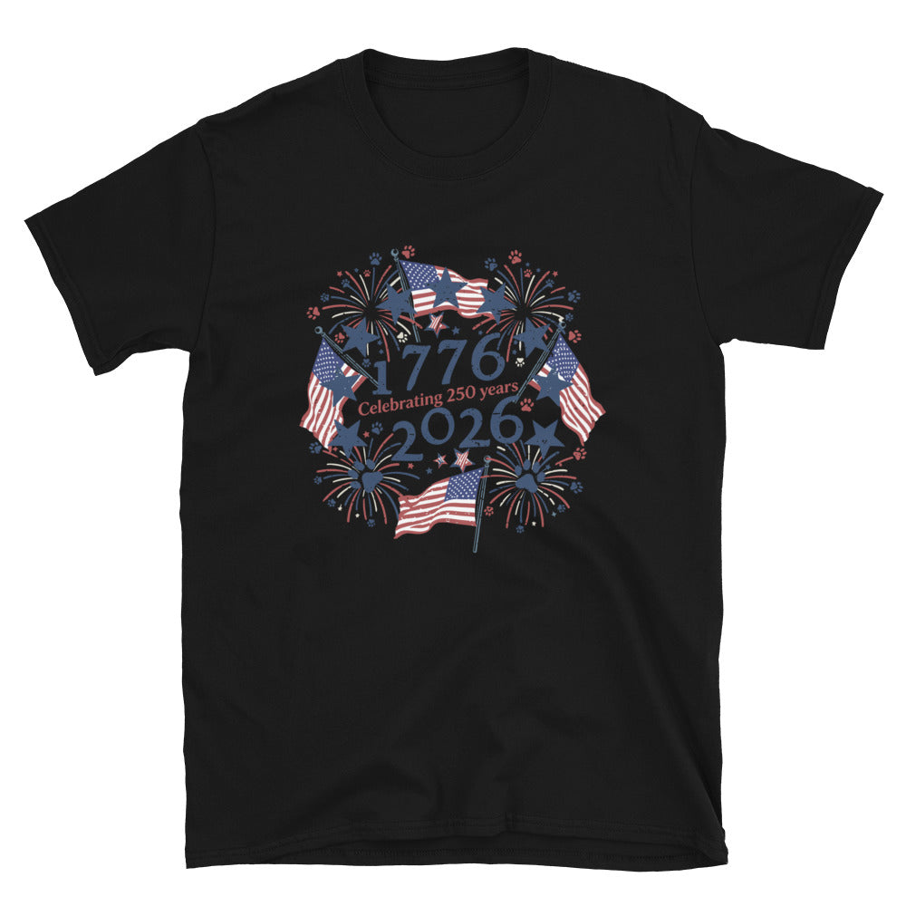 Black t-shirt with 'celebrating 250 years' text on a white background