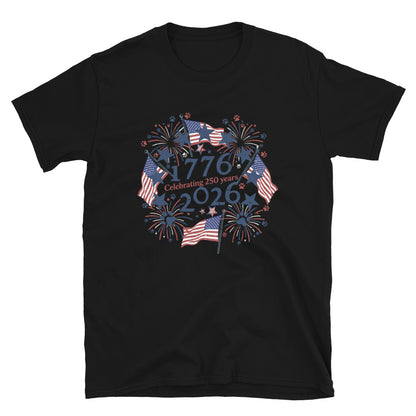 Black t-shirt with 'celebrating 250 years' text on a white background