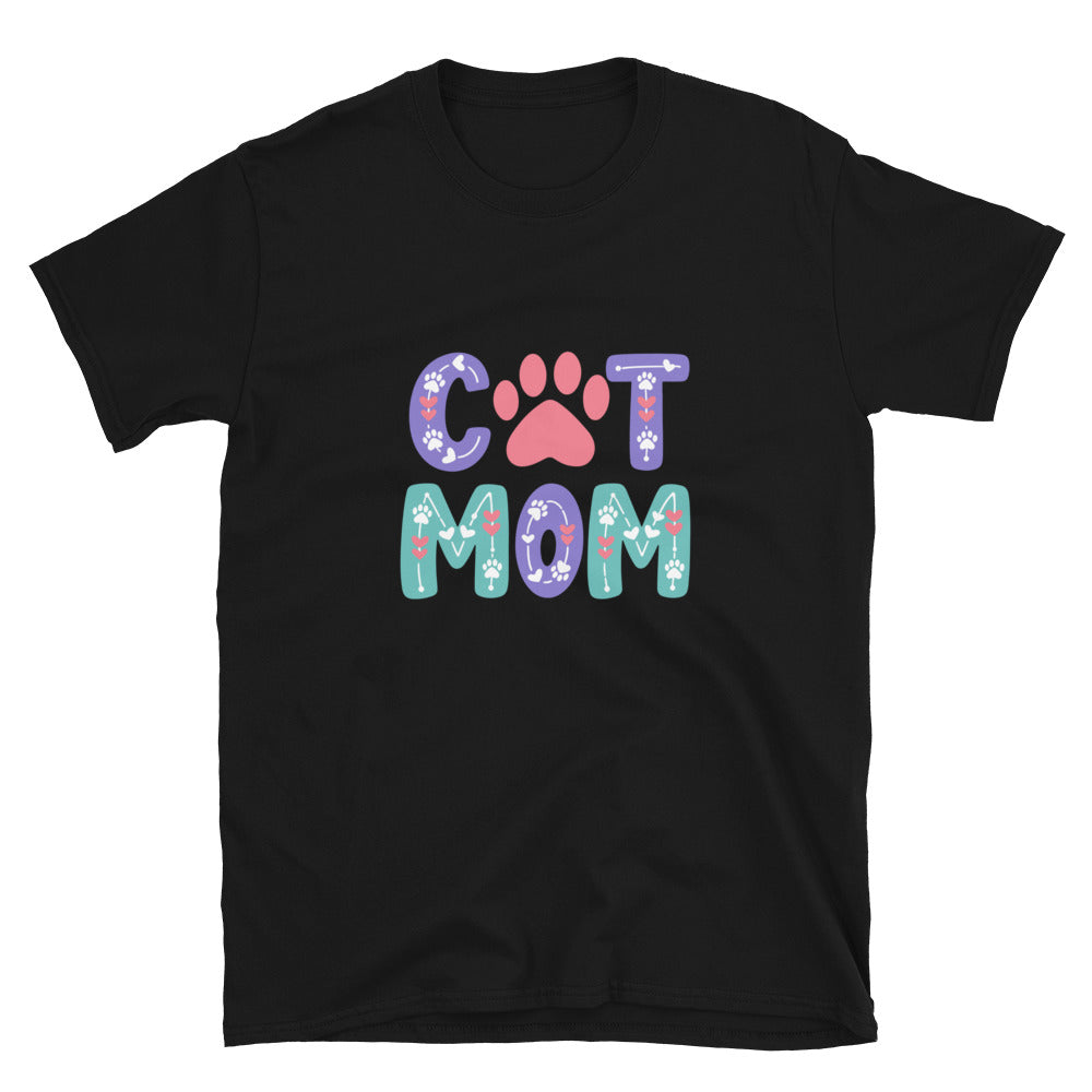 Black t-shirt with 'Cat Mom' text and paw print design on a white background
