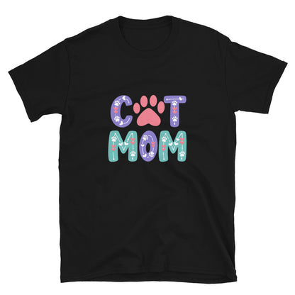 Black t-shirt with 'Cat Mom' text and paw print design on a white background