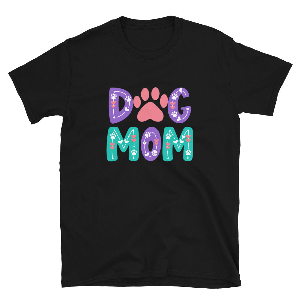 Black t-shirt with 'DOG MOM' text and paw prints on a white background