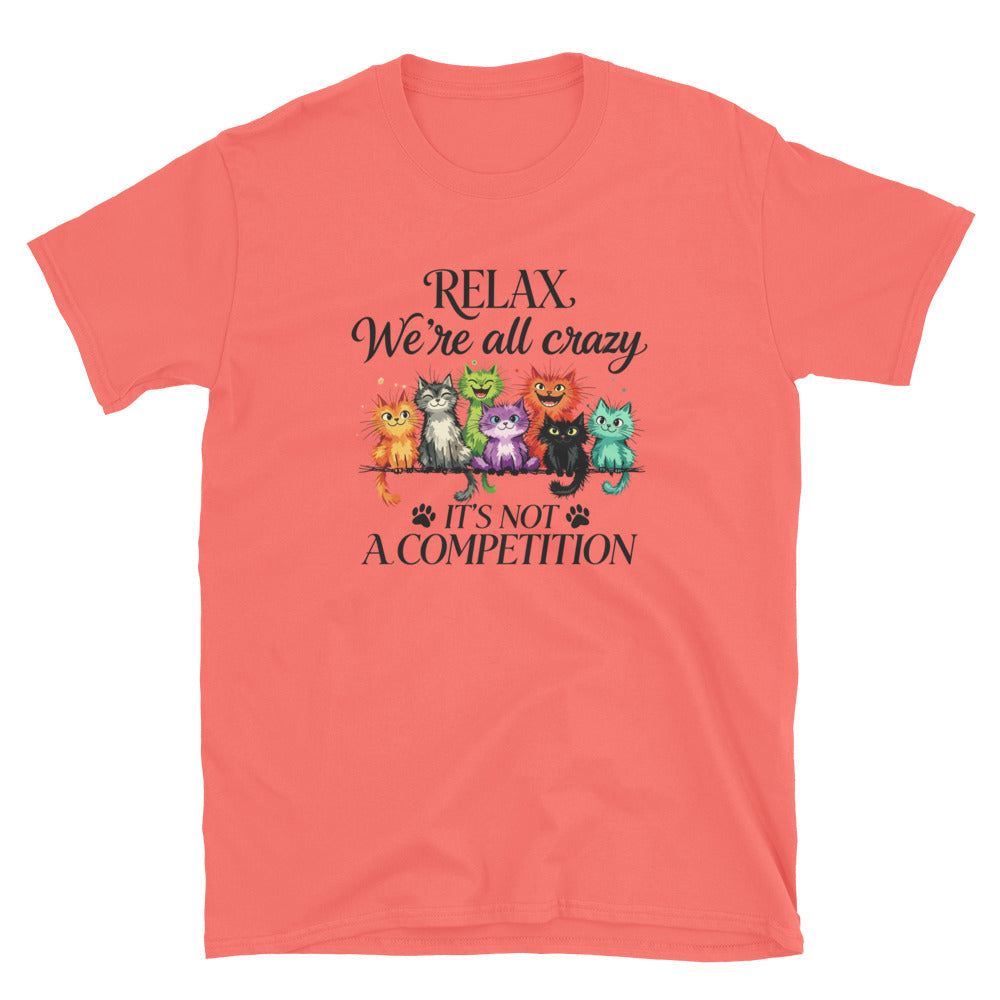 Coral t-shirt with cartoon cats and text on a white background