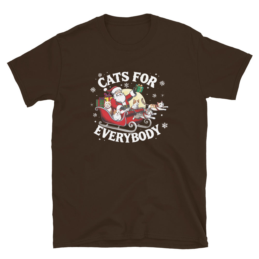 Santa in a sleigh being led by cats that says cats for everybody design on a brown shirt