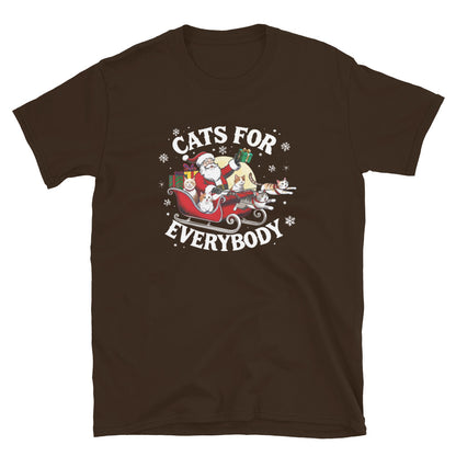Santa in a sleigh being led by cats that says cats for everybody design on a brown shirt