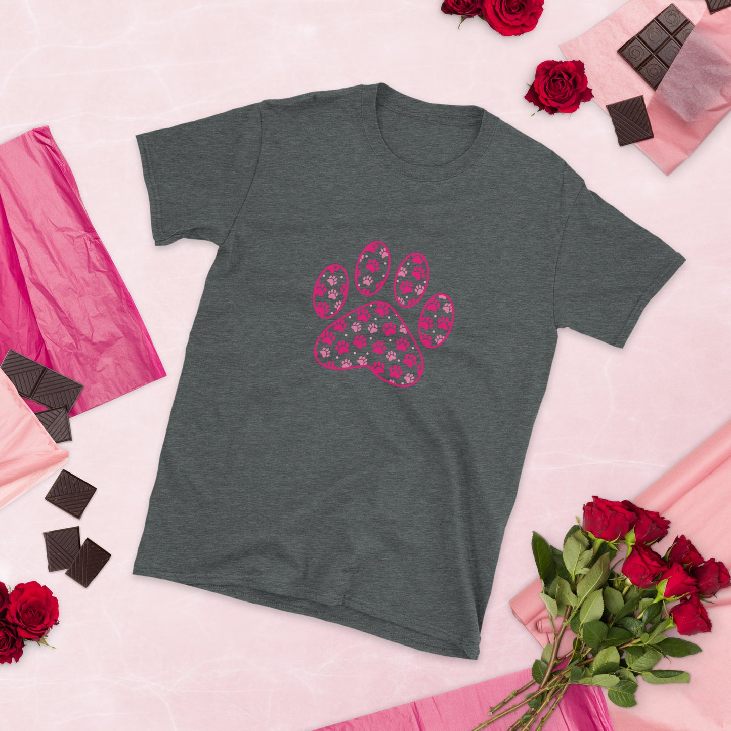 Dark Gray short sleeve shirt with a pink paw print filled with mini pink paw prints with Valentine background